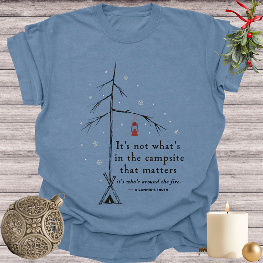 Blue Jean garment-dyed Comfort Colors tee reading "it's not what's in the campsite that matters, it's who's around the fire", Soft Rebellion