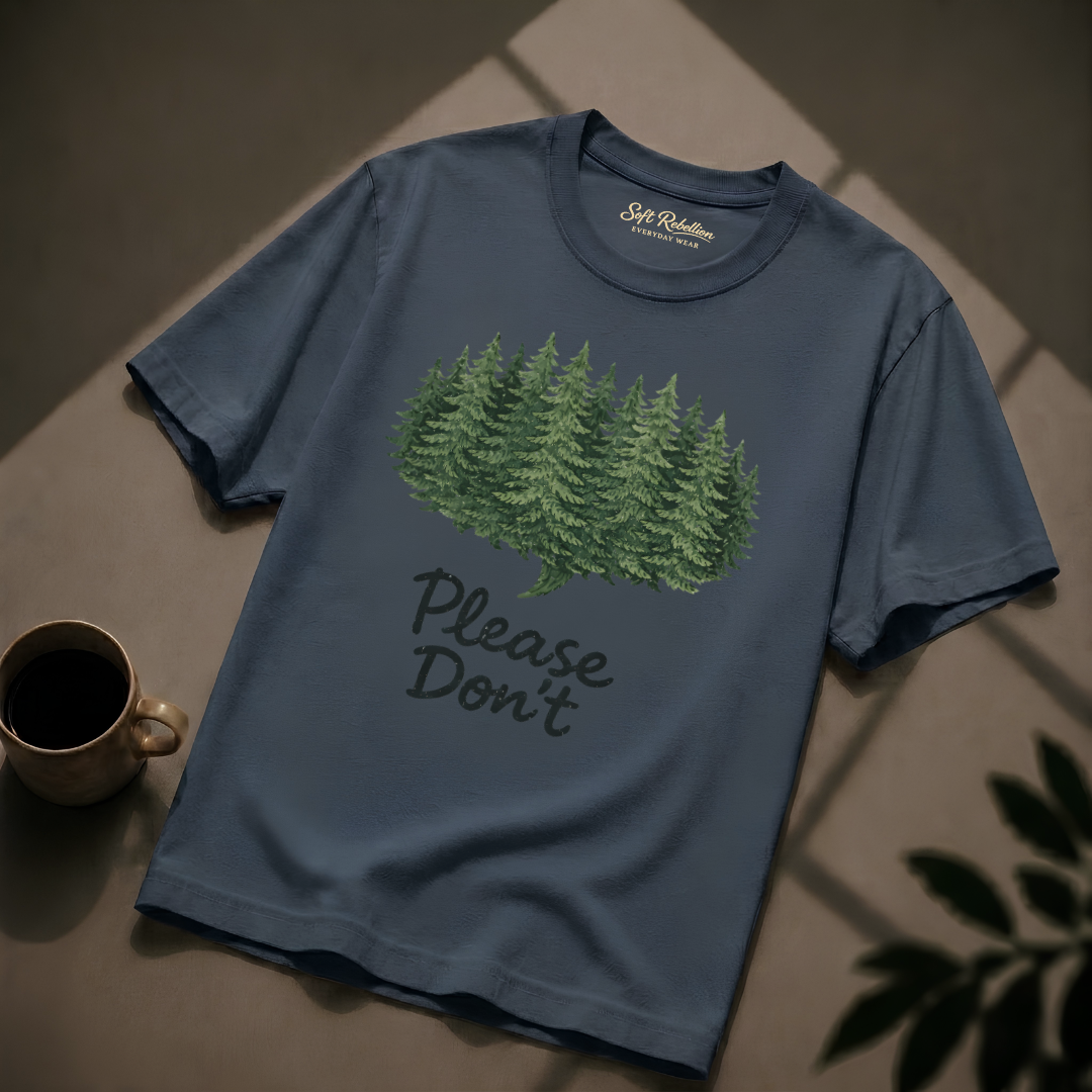 Blue Jean garment-dyed Comfort Colors tee reading "Please Don't", Soft Rebellion