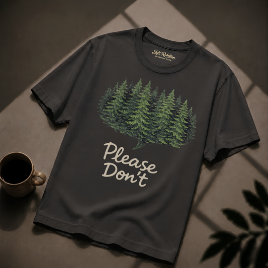 Graphite garment-dyed Comfort Colors tee reading "Please Don't", Soft Rebellion