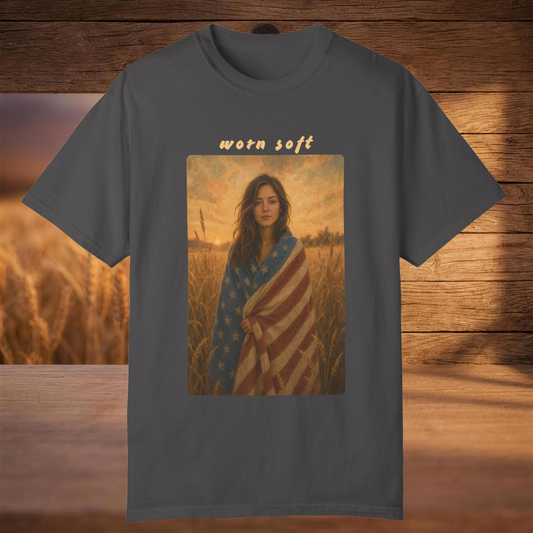 graphite garment-dyed Comfort Colors tee with a personalized worn soft flag portrait, Soft Rebellion