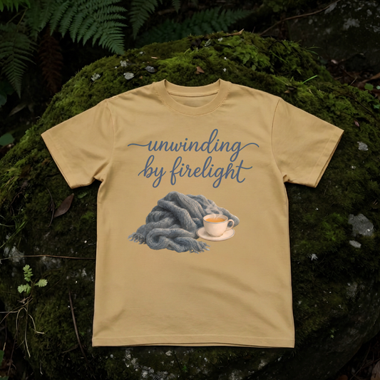 unwinding by firelight graphic tee in mustard, a warm golden vintage-inspired cotton t-shirt