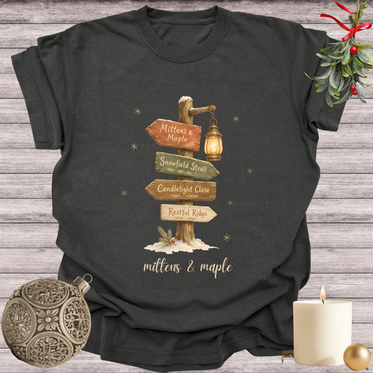 Pepper garment-dyed Comfort Colors tee reading "mittens & maple", Soft Rebellion