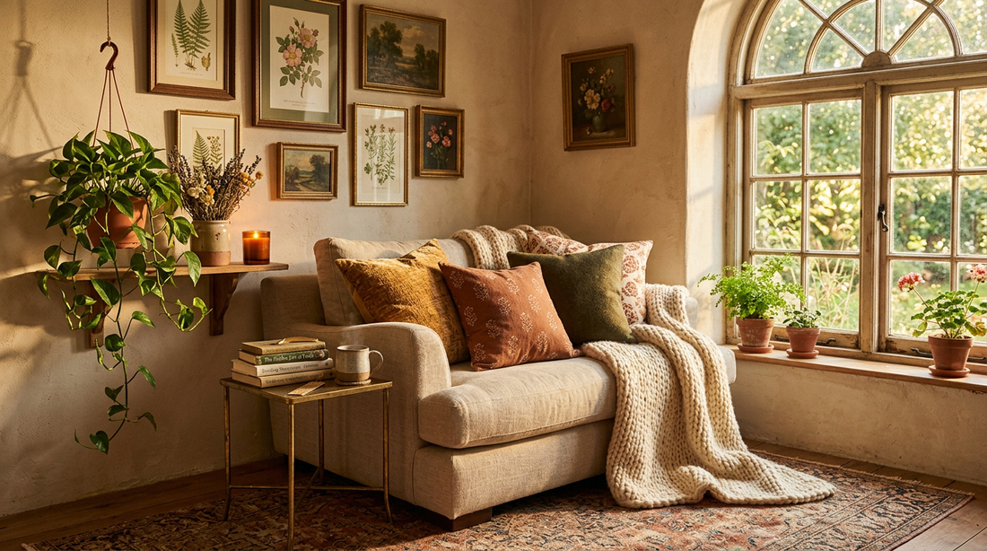 a sunlit living room corner with a linen armchair, layered ochre and rust cushions, a cream knit throw, framed botanical prints on warm plaster, and an arched window looking onto a garden