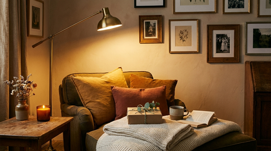 a warm reading nook at dusk under a brass lamp, with a kraft-paper gift tied with sage twine and eucalyptus resting on a knit blanket beside tea and an open book