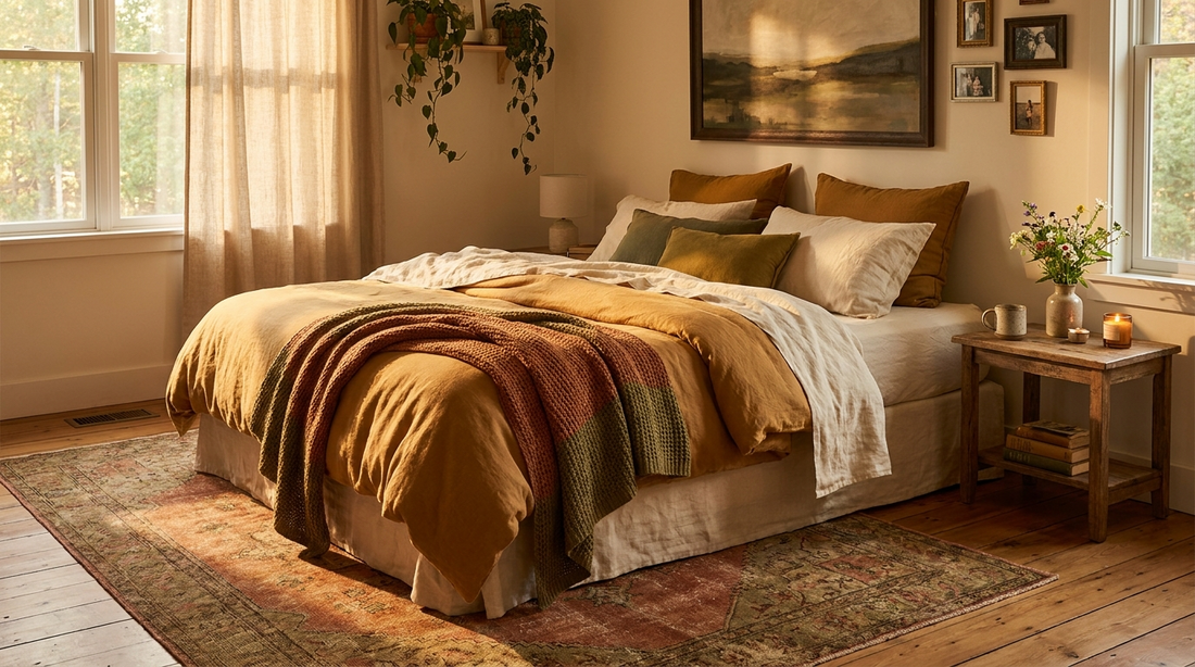 a softly lit bedroom in golden morning light with a layered bed in ochre linen, a knit throw, wildflowers and a lit candle on the nightstand, and framed art above the headboard