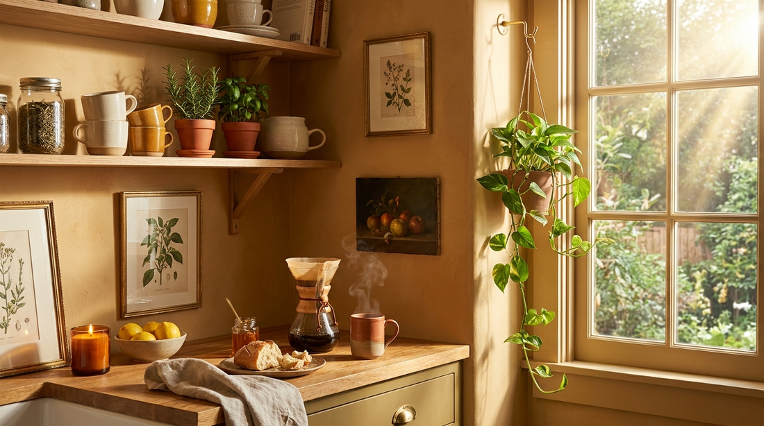 a lived-in kitchen corner in early morning light with a stoneware pour-over, torn bread and honey, herbs in clay pots on open shelves, and sun coming through a paned window onto a garden