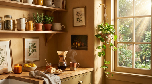 a lived-in kitchen corner in early morning light with a stoneware pour-over, torn bread and honey, herbs in clay pots on open shelves, and sun coming through a paned window onto a garden