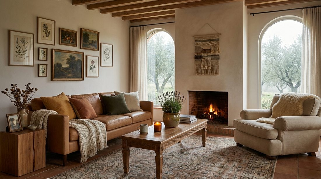 a warm sitting room with a lit brick fireplace, a tan leather sofa piled with ochre and olive cushions, a deep overstuffed armchair with a sheepskin, a woven wall hanging above the hearth, and arched windows onto a misty olive grove
