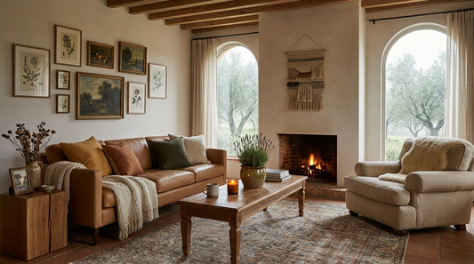 a warm sitting room with a lit brick fireplace, a tan leather sofa piled with ochre and olive cushions, a deep overstuffed armchair with a sheepskin, a woven wall hanging above the hearth, and arched windows onto a misty olive grove