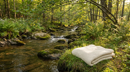 a gentle stream trickling through sunlit forest with a knit blanket on the bank