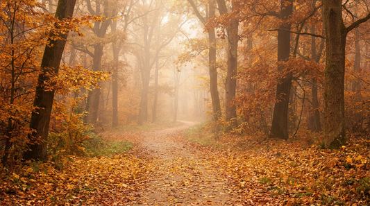 a misty autumn forest path covered in golden fallen leaves