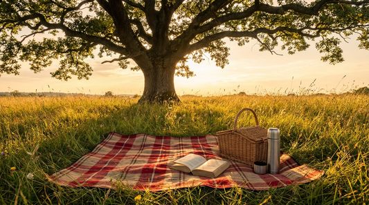 a picnic blanket, basket and open book beneath a large oak tree at golden hour
