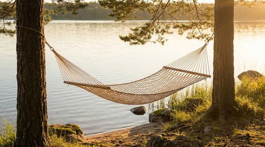 an empty hammock between two trees at the edge of a calm lake at golden sunset