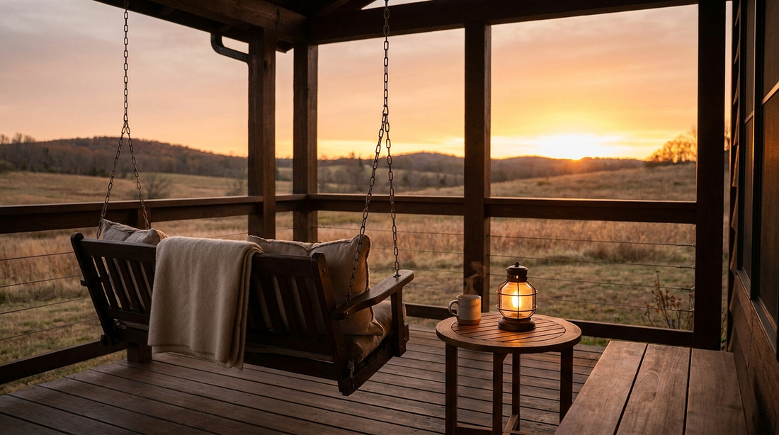a covered porch swing with a folded blanket and a warm mug, looking out over a quiet meadow at sunday dusk