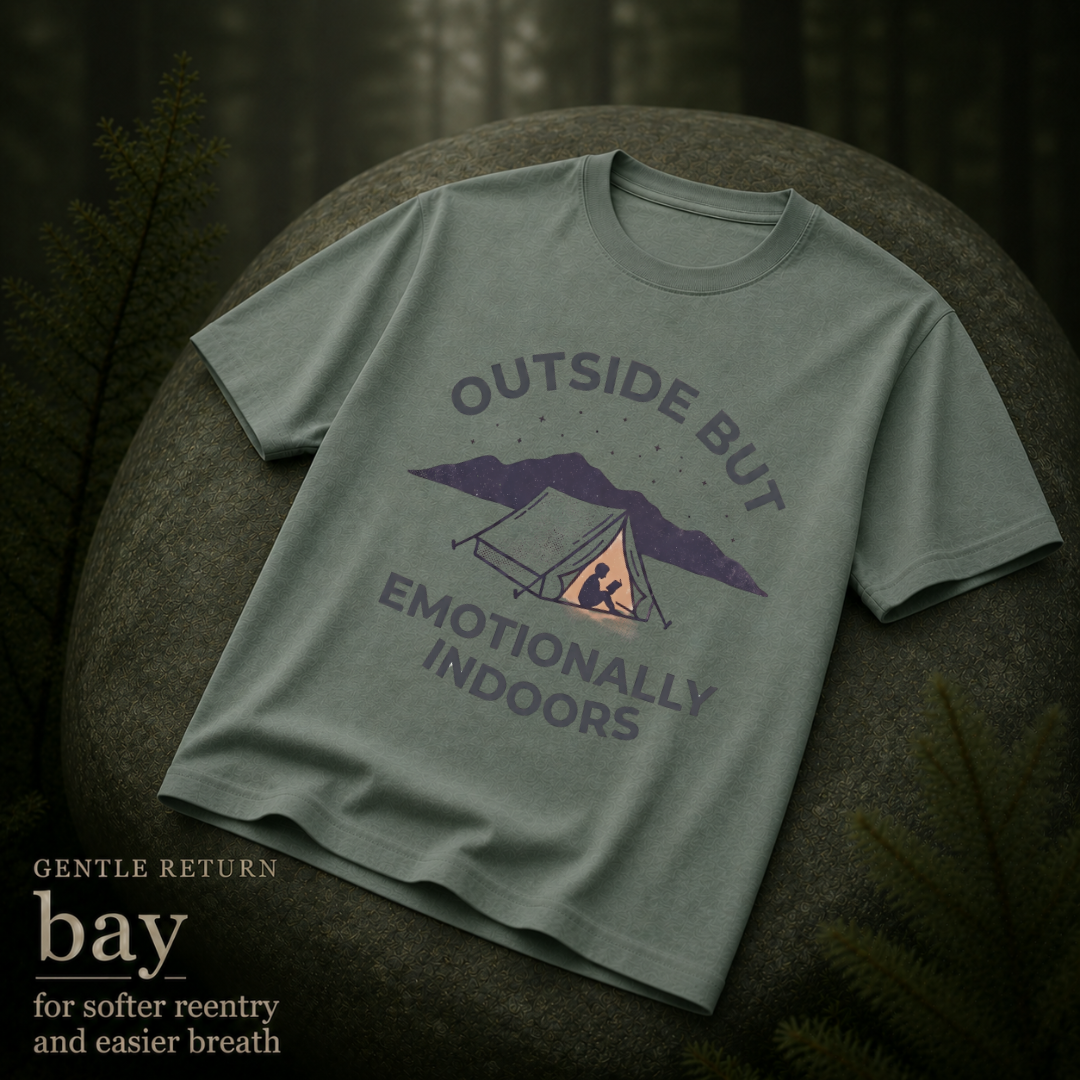 Bay garment-dyed Comfort Colors tee reading "Outside but Emotionally Indoors", Soft Rebellion