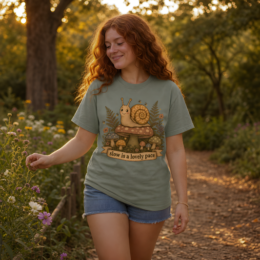 Bay garment-dyed Comfort Colors tee reading "slow is a lovely pace", Soft Rebellion