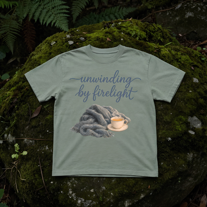 unwinding by firelight graphic tee in bay, a soft sage green vintage-inspired cotton t-shirt