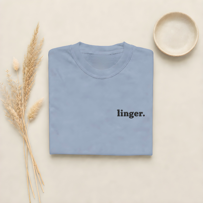 Blue Jean garment-dyed Comfort Colors tee with "linger" embroidered on the chest, Soft Rebellion