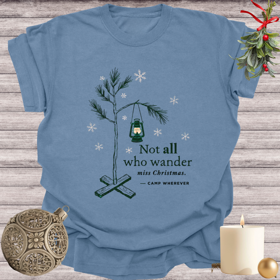 Blue Jean garment-dyed Comfort Colors tee reading "not all who wander miss christmas", Soft Rebellion