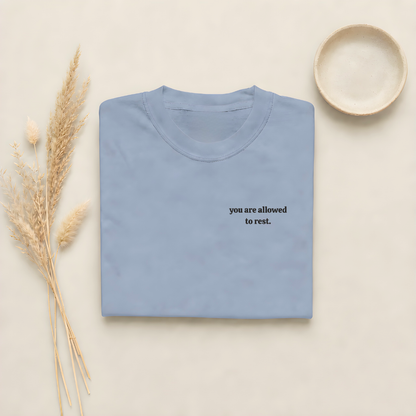 Blue Jean garment-dyed Comfort Colors tee with "you are allowed to rest" embroidered on the chest, Soft Rebellion