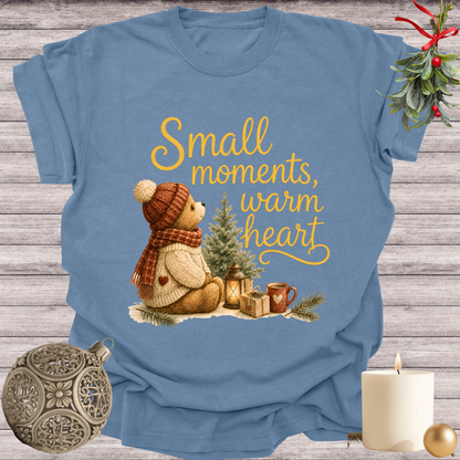 Blue Jean garment-dyed Comfort Colors tee reading "small moments, warm heart", Soft Rebellion