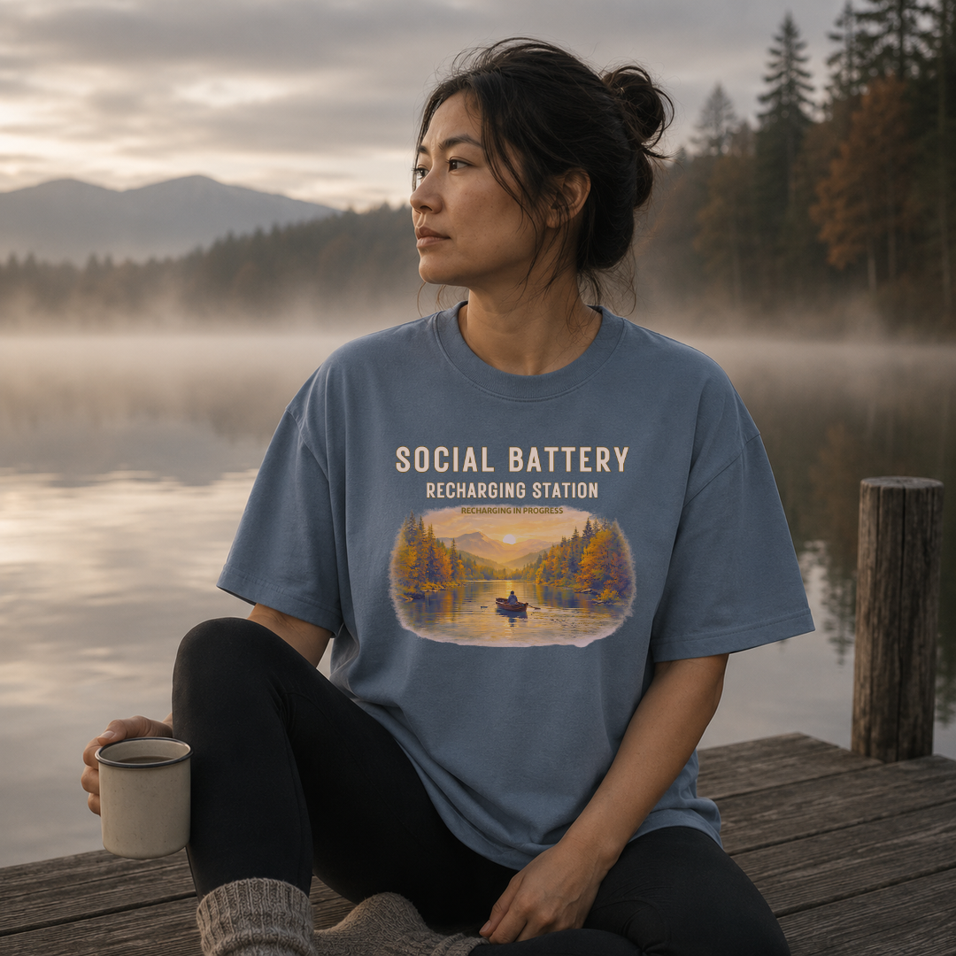 Blue Jean garment-dyed Comfort Colors tee reading "Social Battery", Soft Rebellion