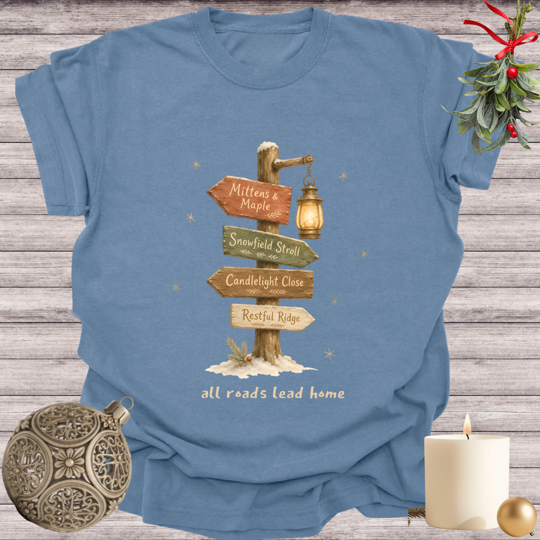 Blue Jean garment-dyed Comfort Colors tee reading "all roads lead home", Soft Rebellion