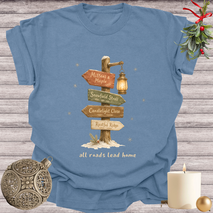 Blue Jean garment-dyed Comfort Colors tee reading "all roads lead home", Soft Rebellion