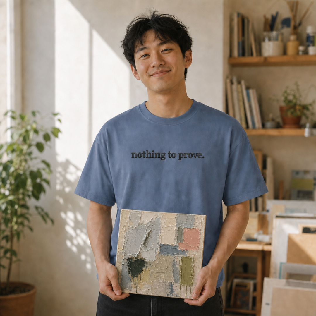 Blue Jean garment-dyed Comfort Colors tee with "nothing to prove" embroidered on the chest, Soft Rebellion