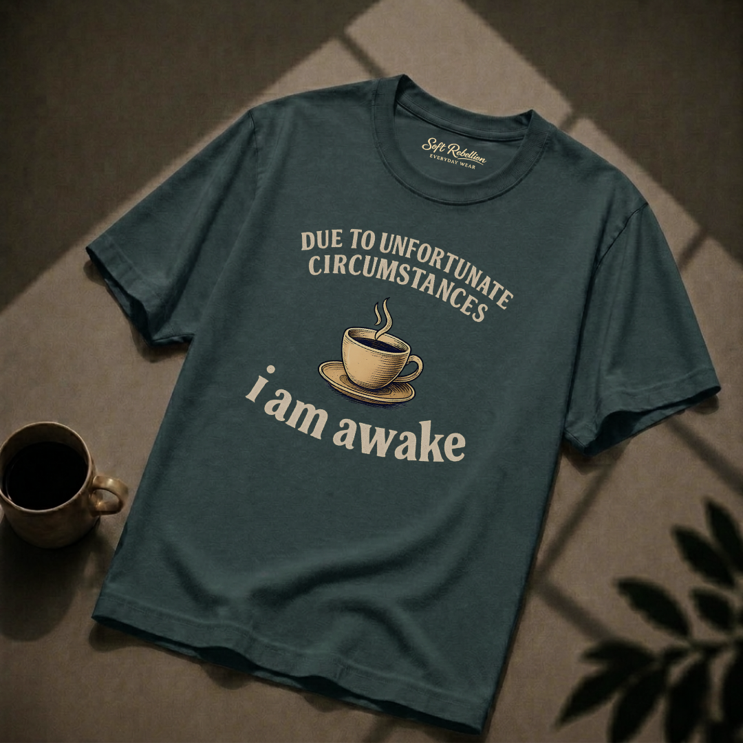 Blue Spruce garment-dyed Comfort Colors tee reading "Due to Unfortunate Circumstances I Am Awake", Soft Rebellion