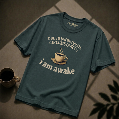 Blue Spruce garment-dyed Comfort Colors tee reading "Due to Unfortunate Circumstances I Am Awake", Soft Rebellion