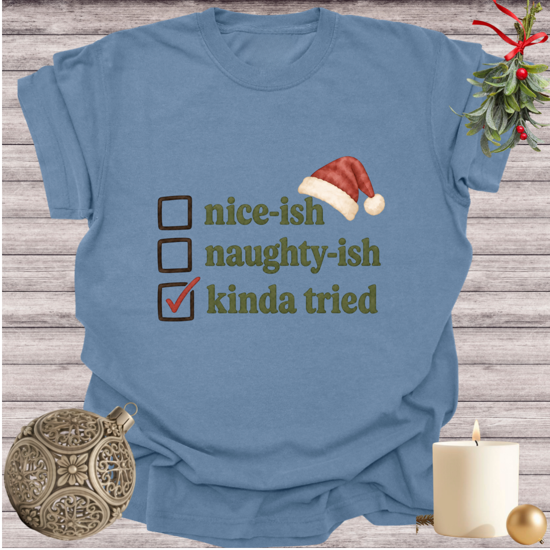 Blue Jean garment-dyed Comfort Colors tee reading "nice-ish, naughty-ish, kinda tried", Soft Rebellion