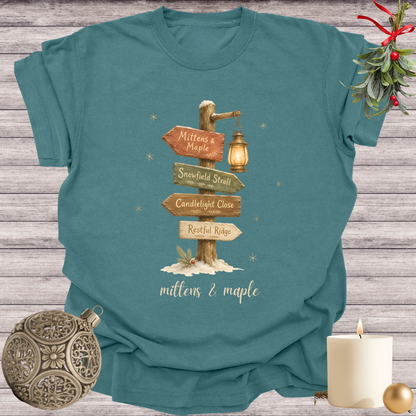 Blue Spruce garment-dyed Comfort Colors tee reading "mittens & maple", Soft Rebellion