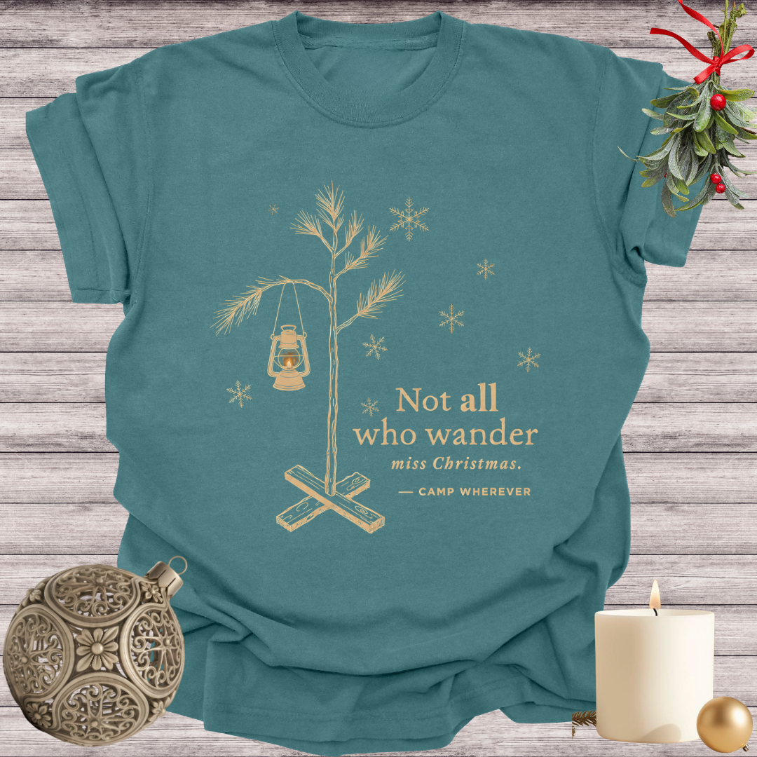 Blue Spruce garment-dyed Comfort Colors tee reading "not all who wander miss christmas", Soft Rebellion