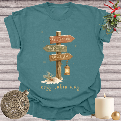 Blue Spruce garment-dyed Comfort Colors tee reading "cozy cabin way", Soft Rebellion
