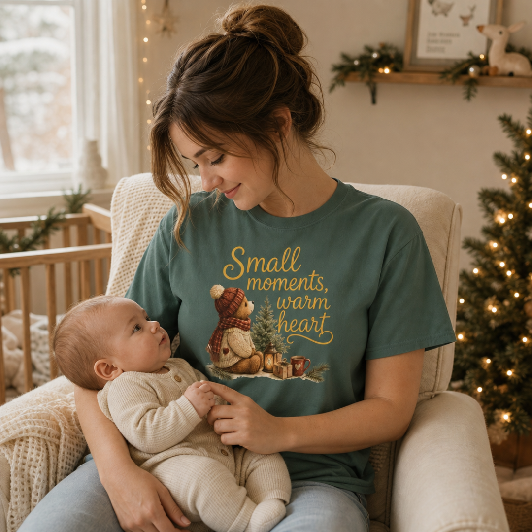 Blue Spruce garment-dyed Comfort Colors tee reading "small moments, warm heart", Soft Rebellion