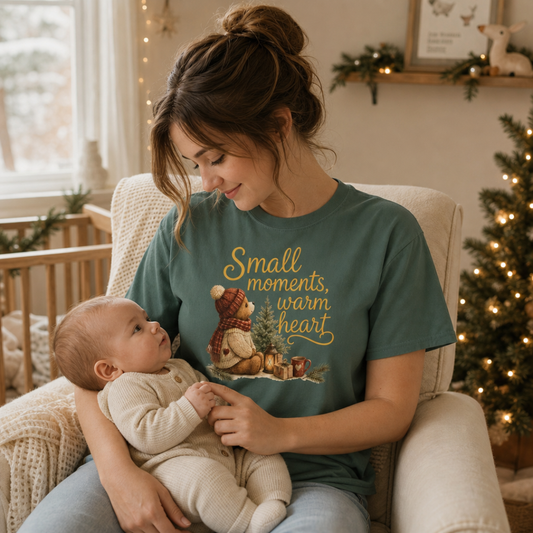 Blue Spruce garment-dyed Comfort Colors tee reading "small moments, warm heart", Soft Rebellion