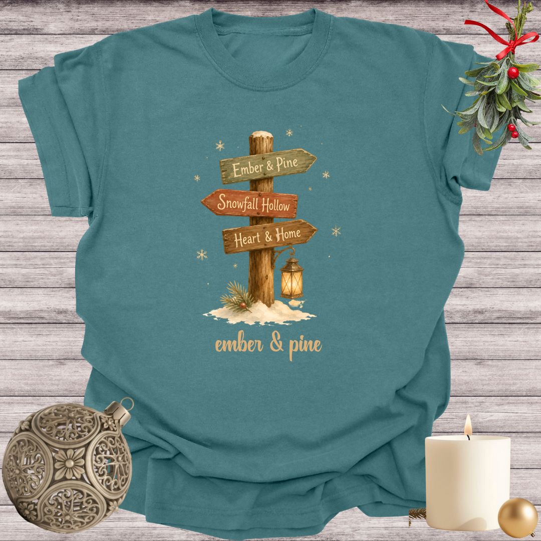 Blue Spruce garment-dyed Comfort Colors tee reading "ember & pine", Soft Rebellion