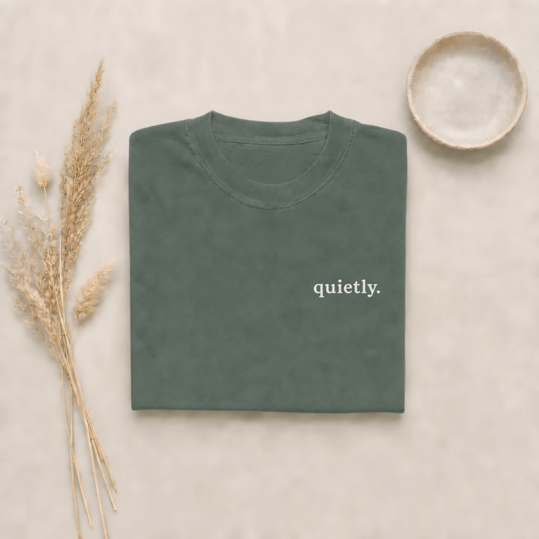 Blue Spruce garment-dyed Comfort Colors tee with "quietly" embroidered on the chest, Soft Rebellion