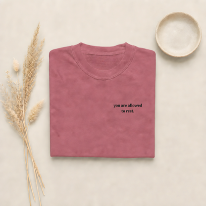 Brick garment-dyed Comfort Colors tee with "you are allowed to rest" embroidered on the chest, Soft Rebellion