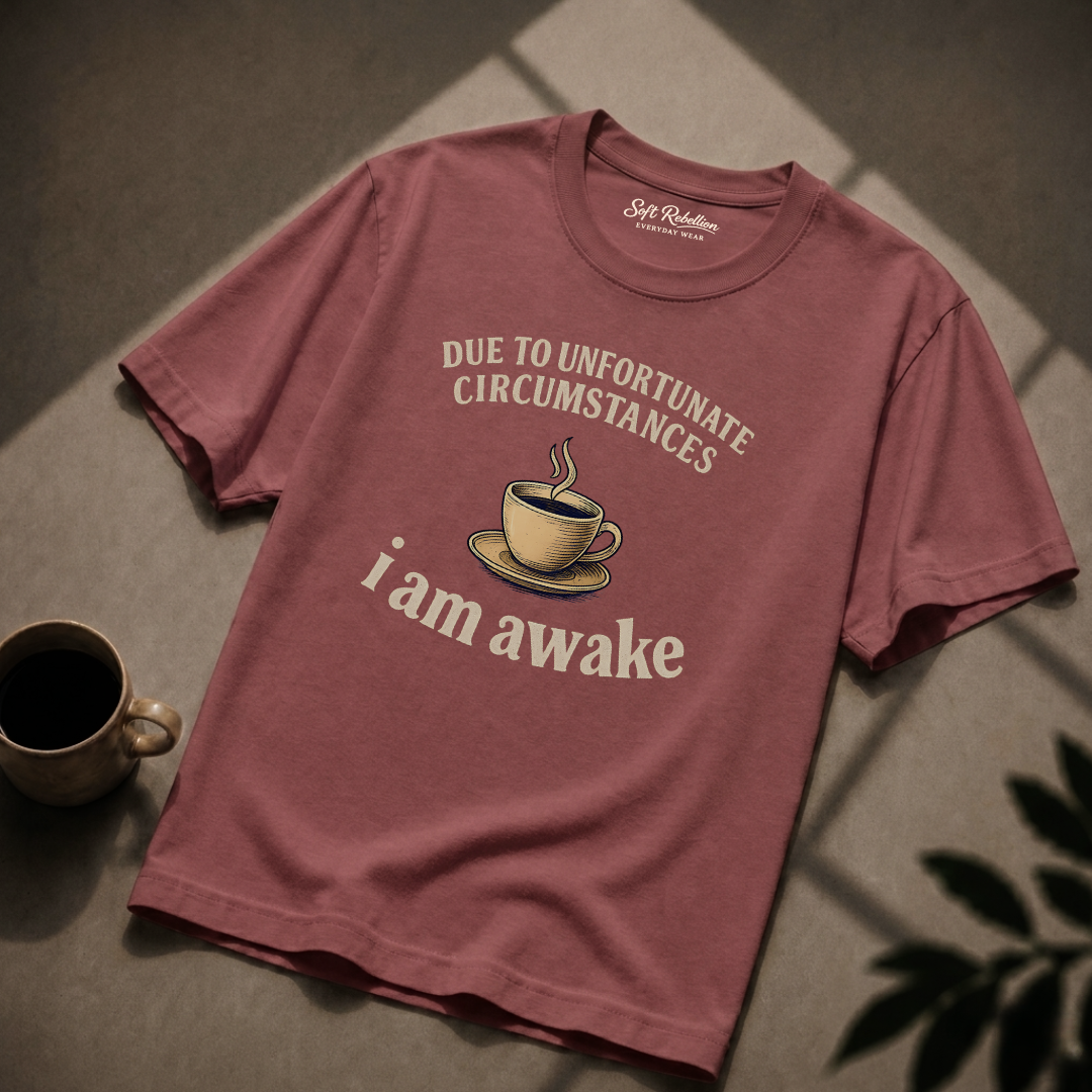 Brick garment-dyed Comfort Colors tee reading "Due to Unfortunate Circumstances I Am Awake", Soft Rebellion