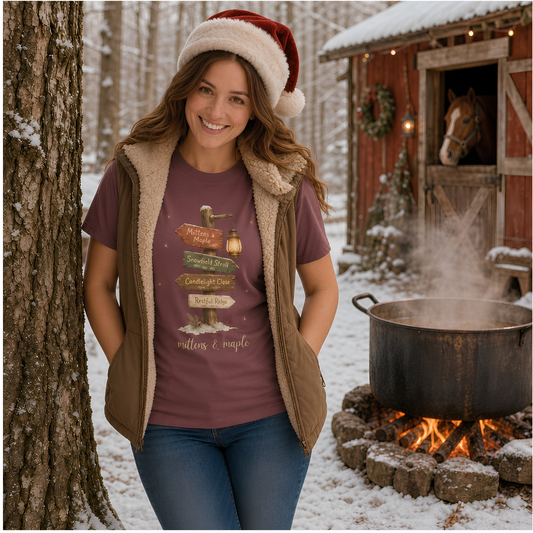 Brick garment-dyed Comfort Colors tee reading "mittens & maple", Soft Rebellion