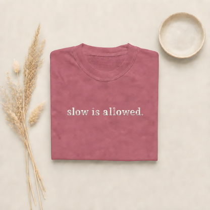 Brick garment-dyed Comfort Colors tee with "slow is allowed" embroidered on the chest, Soft Rebellion