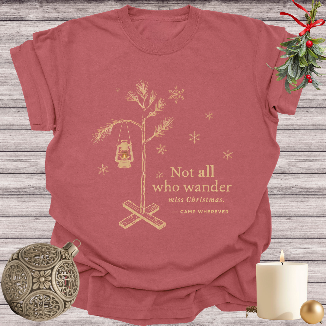 Brick garment-dyed Comfort Colors tee reading "not all who wander miss christmas", Soft Rebellion