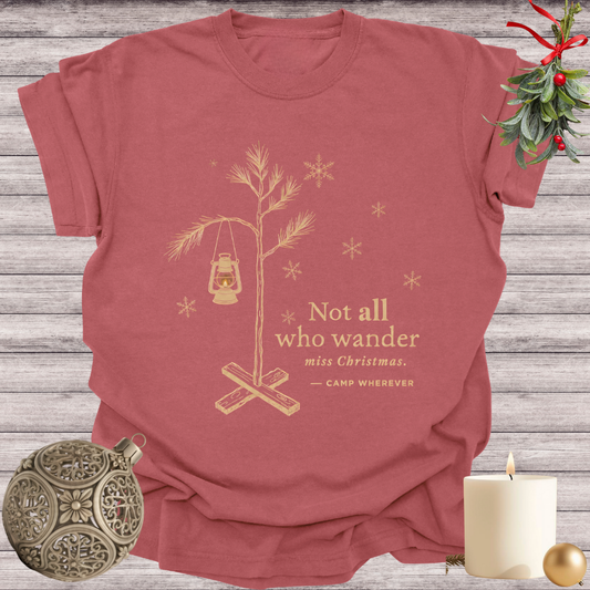 Brick garment-dyed Comfort Colors tee reading "not all who wander miss christmas", Soft Rebellion