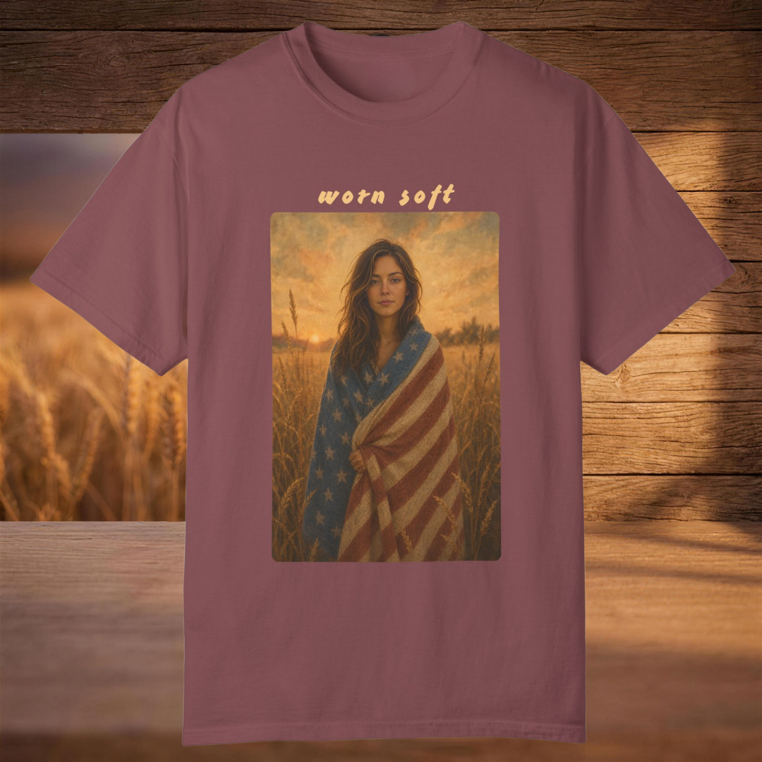 brick garment-dyed Comfort Colors tee with a personalized worn soft flag portrait, Soft Rebellion