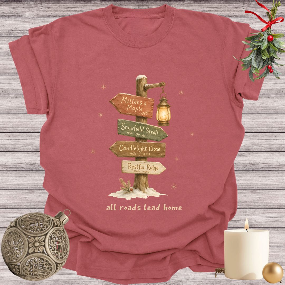 Brick garment-dyed Comfort Colors tee reading "all roads lead home", Soft Rebellion