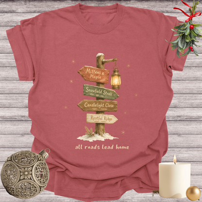 Brick garment-dyed Comfort Colors tee reading "all roads lead home", Soft Rebellion