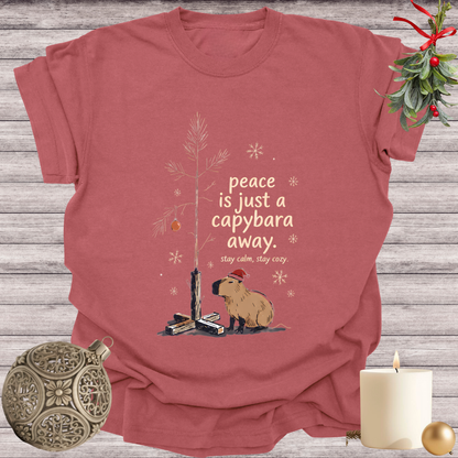 Brick garment-dyed Comfort Colors tee reading "peace is just a capybara away", Soft Rebellion