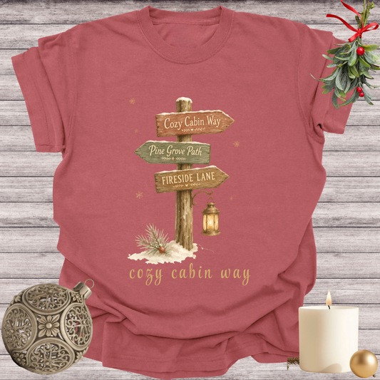 Brick garment-dyed Comfort Colors tee reading "cozy cabin way", Soft Rebellion